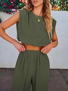 Vivid Eden Women's Solid Color Round Neck Top And Long Pants Two-Piece Set For Vacation