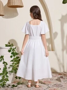 SHEIN Tween Girl Vacation Casual Embroidered Square Neck Short Sleeve Dress - White - View 2