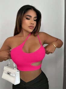 SHEIN SXY Women Asymmetrical Neck Cut Out Sleeveless Crop Top - Hot Pink - View 4