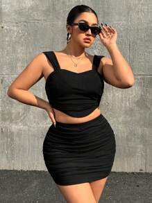 SHEIN EZwear 大码女式 2 件套纯色不对称下摆吊带背心和裙子套装