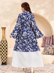 SHEIN Elegant Holiday Vacation Festival Teen Girls Blue & White Woven Colorblock Print V-Neck Flare Sleeve Dress, Suitable For Eid, National Day, Eid Al-Fitr, Eid Al-Adha - Blue and White - View 2