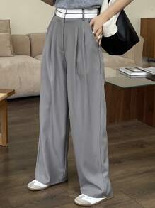 DAZY 女士休闲撞色腰带阔腿西装裤商务装 - 灰色 - 查看 5