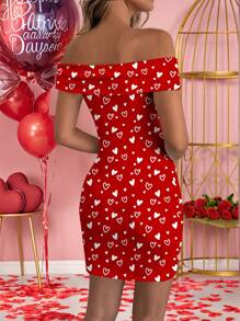 Glamance Carol Caju Artist Women's Fitted Off-Shoulder Sexy Heart Print Red Prom Dress, Spring Party Holiday Dress, Birthday Concert Outfits, Festival, Rave Outfits Festival - Red - View 2