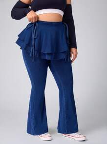 SHEIN Essnce Plus Size Casual Flounce 2 In 1 Flared Jeans Stretchy Knit Denim Apple Bottom Jeans - Medium Wash - View 5