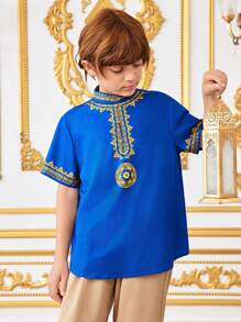 SHEIN Tween Boy Casual Geometric Print Short Sleeve Stand Collar Shirt, Suitable For Autumn, Spring, Summer - Outdoor Play, School, Street Style, Party, And Leisure - Blue - View 5