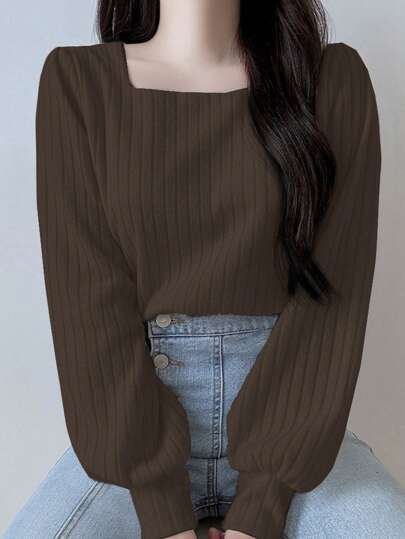 DAZY Women's Solid Color Square Neck Fitted Lantern Sleeve Long Sleeve T-Shirt, Spring/Summer/Autumn