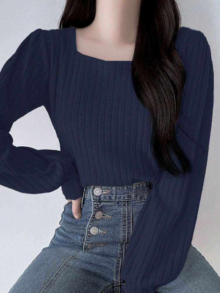 Women's Solid Color Square Neck Fitted Lantern Sleeve Long Sleeve T-Shirt, Spring/Summer/Autumn Cute Tops