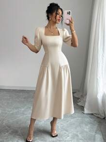 Elenzga Women's Spring/Summer French Elegant Casual/Office/Vacation Square Collar Waist Ruched A-Line Long Dress, Short Sleeve