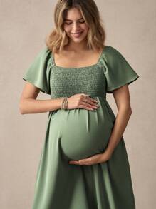 Boho Mama Boho Ruffle Sleeve Square Neck Elastic Waist Maternity Dress, Green - Green - View 1