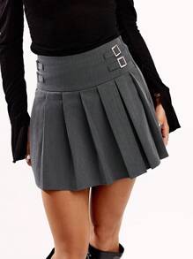 SHEIN BAE Women's Casual Versatile Solid Color Pleated A-Line Skirt