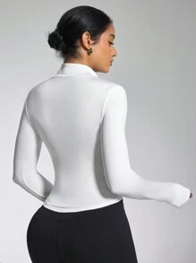 Easithlete Women's Plain Color Zipper Front Long Sleeve Sport Sweatshirt - White - View 2