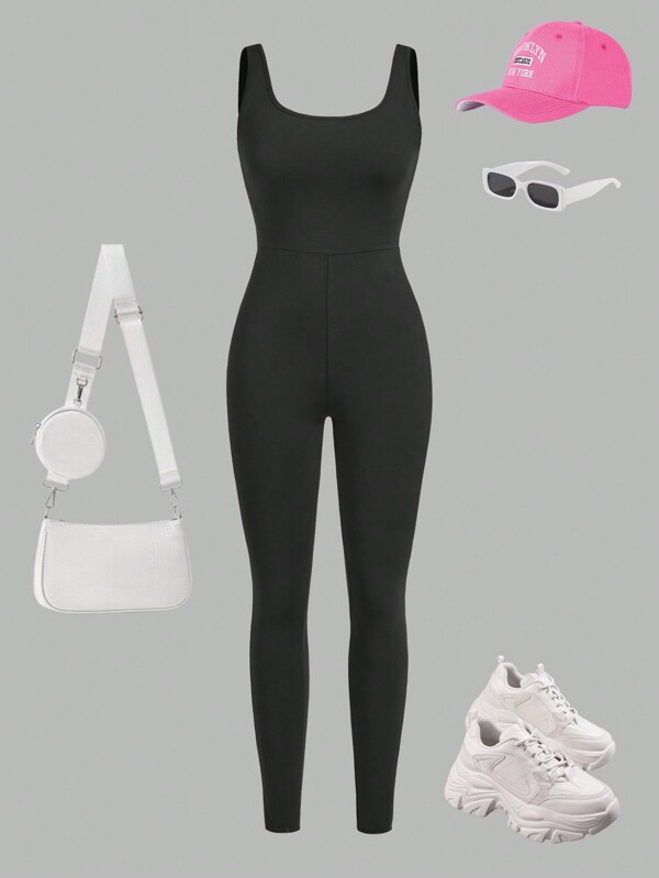 SHEIN Girlism Mono de niña preadolescente de color negro sólido, de cuello en U, sin mangas, ajustado, adecuado para uso diario casual