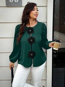 SHEIN LUNE Plus Size Long Sleeve Shirt, Minimalist Fashion Casual Everyday Wear - Dark Green - View 5