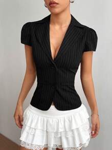 Flirla Women's Striped Lapel Neck Short Sleeve Fitted Shirt - Black - View 5