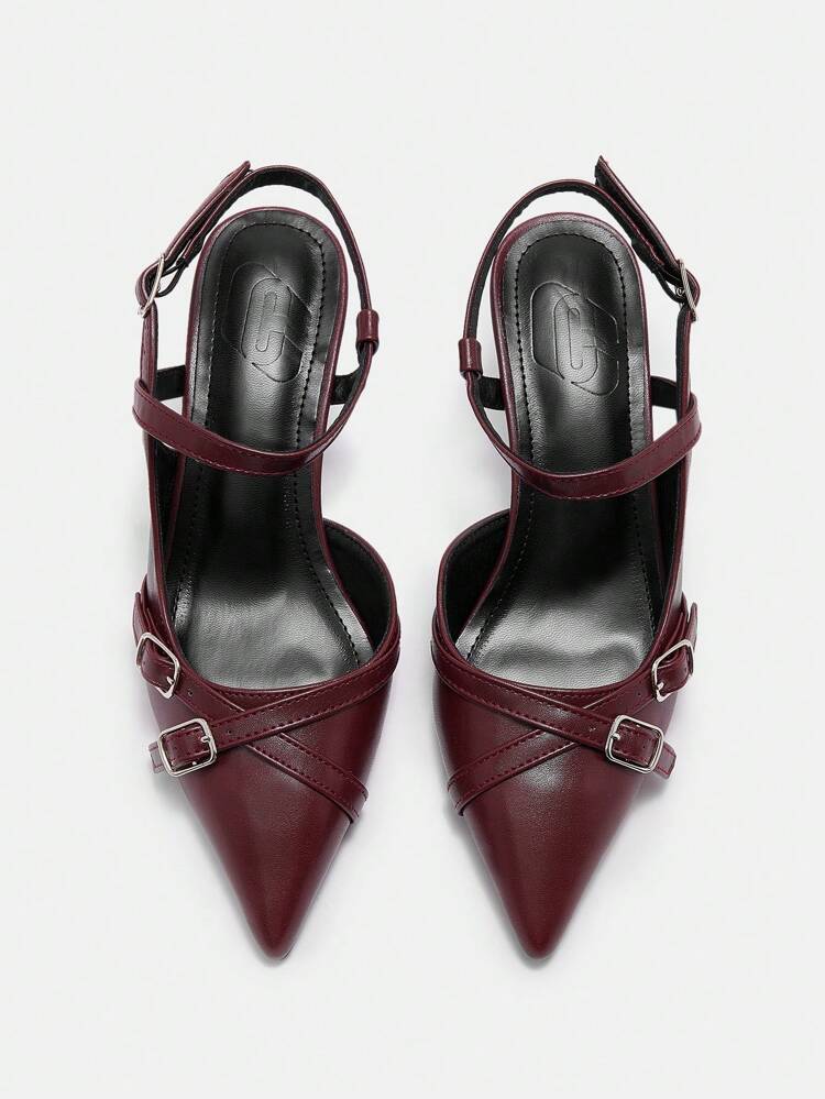 CUCCOO CURVES Plus Size Wide Version High Heel Pointed Toe Pumps, Elegant Burgundy Multi-Strap Buckle Straps, Ankle Strap High Heel Shoes, Suitable For All Seasons Spring Shoes Spring Break Easter