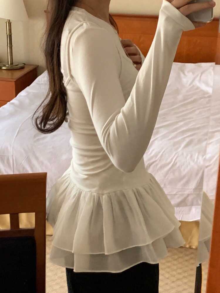 2pcs Women's Solid Color Long Sleeve Base Layer T-Shirt & Chiffon Jumper Dress Set, White, Spring/Summer