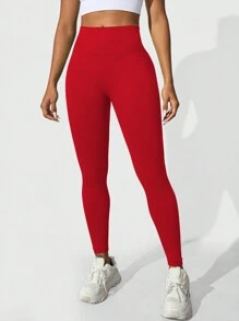 SHEIN Core Rhythm Seamless High Waist Simple Solid Color Yoga Leggings - Red - View 5