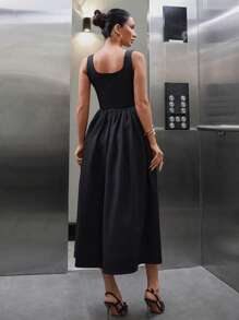 Vestido negro largo con detalles de corsé y falda extra ancha para mujer - Negro - Ver 2