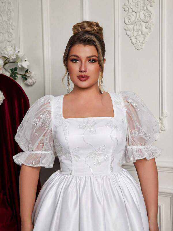 SHEIN Belle Plus Size Playful Minimalist Romantic White Bow Decor Short Sleeve Puff Sleeve Peplum Dress, Square Neck Jacquard Weave Bridesmaid/Gift Dress, Bridal Shower Dress, Wedding Dress, Little White Dress