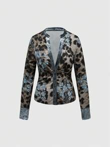 ROMWE Fairycore Vintage Floral & Leopard Print Blue Tone Blouse For Women - Blue - View 1