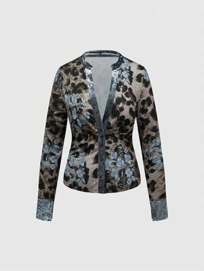 Fairycore Vintage Bluse für Frauen mit Blumen- und Leopardenmuster in Blautönen