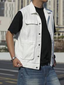 Manfinity Homme Top informal de mezclilla sin mangas para hombre, minimalista y para uso diario - Blanco - Ver 3