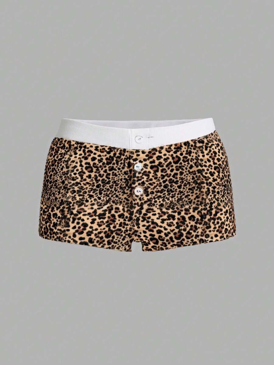 SHEIN LUNE Women's Leopard Print Contrast Color Waistband Skinny Shorts - Brown - View 1