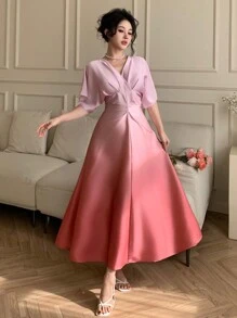 DAZY Women's Gradient Batwing Sleeve V-Neck Waist Flared Muse Dress, Suitable For Summer, Valentine's Day, Vacation Maxi Dress - Pink - View 4