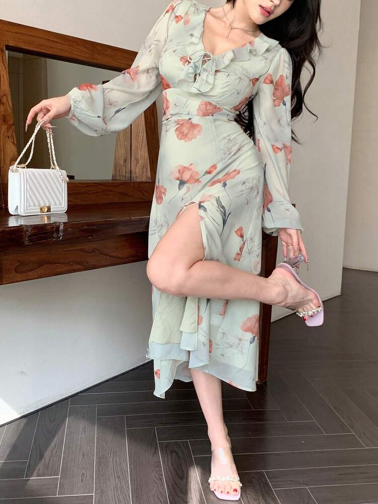 Women's Valentine's Day Rose & Ditsy Floral Chiffon Ruffle Hem Cinched Waist Mid-Length Dress, Vacation Style, Fall Dress Long Sleeve Dress Easter Dress Boho