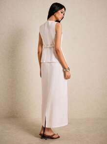 Poéselle Summer Linen Vest And Skirt Two-Piece Set For Women, Old Money Style Sleeveless Buttoned Top, Beach Skirt, Women's Pencil Skirt, White Two-Piece Set, Casual Wear, Comfortable Fabric, Breathable And Soft, Office Women's Clothing, Daily Vacation Wear, Beach Vacation Clothing