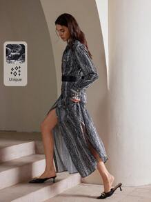 Anewsta 女式优雅蛇皮印花长袖连衣裙配腰带，时尚百搭，秋季 - 咖啡 - 查看 1