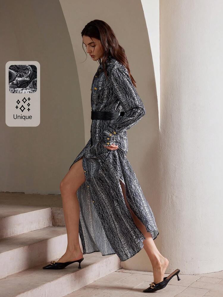Women's Elegant Snakeskin Print Long Sleeve Dress With Belt, Fashion & Versatile, Autumn