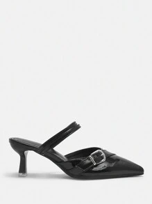 CUCCOO CURVES Plus Size Wide Width Pointed Toe High Heel Pumps, Elegant Black PU Hollow Out Side Buckle Sandals, Suitable For All Seasons Valentine's Day - Black - View 3