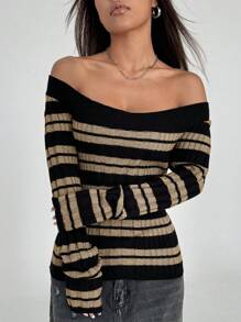 Lunelith SHEIN Lunessa Women's Striped Off-Shoulder Long Sleeve Casual Pullover Sweater, Autumn/Winter