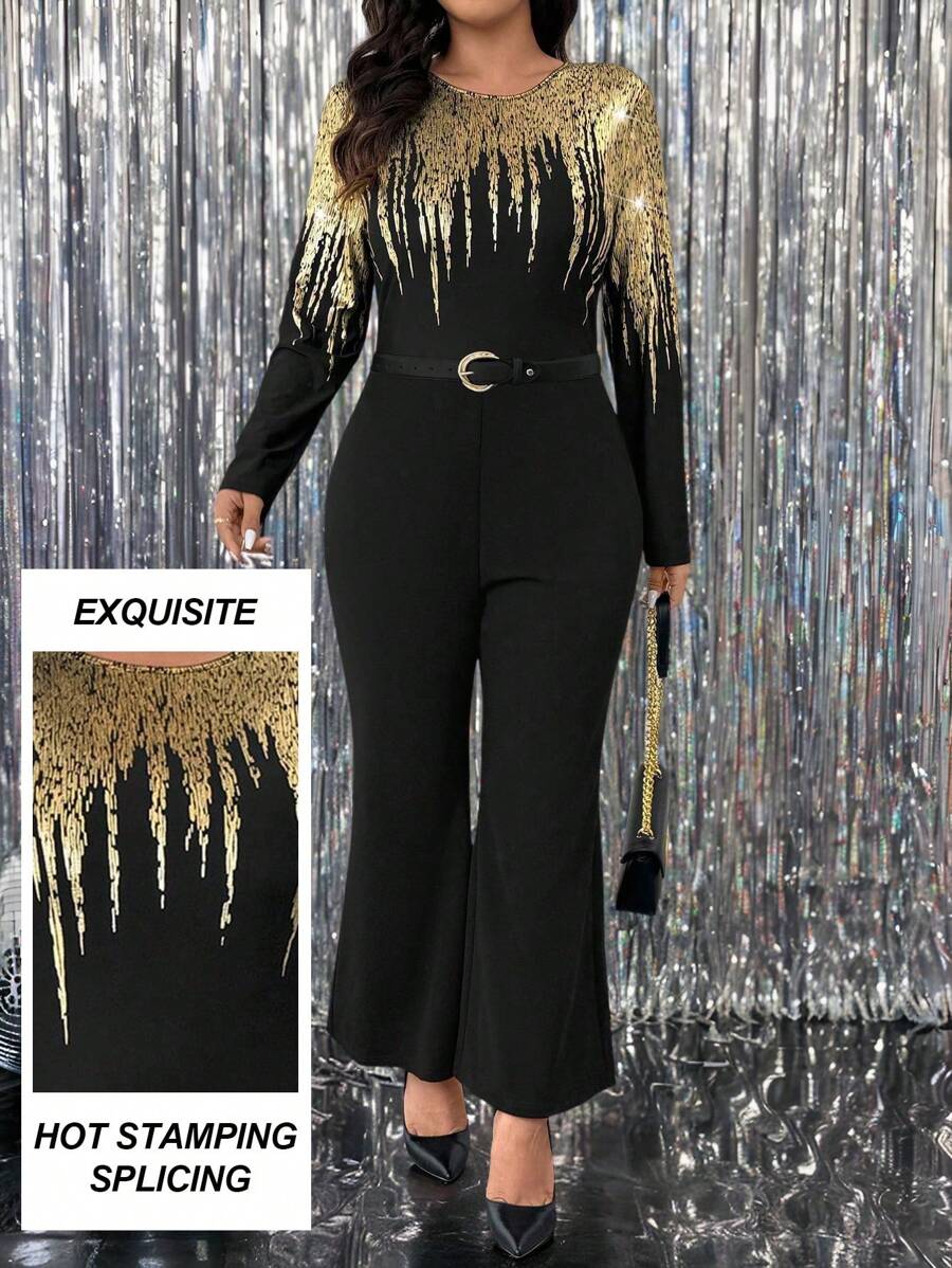 Allurite Plus Size Asymmetric Gold Foil Minimalist Elegant Jumpsuits For Party & Outdoor Occasions - Multicolor - View 1