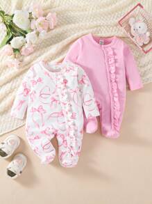 2pcs Newborn Baby Pink & White Butterfly Print Long Sleeve Footed Romper Pajamas Set