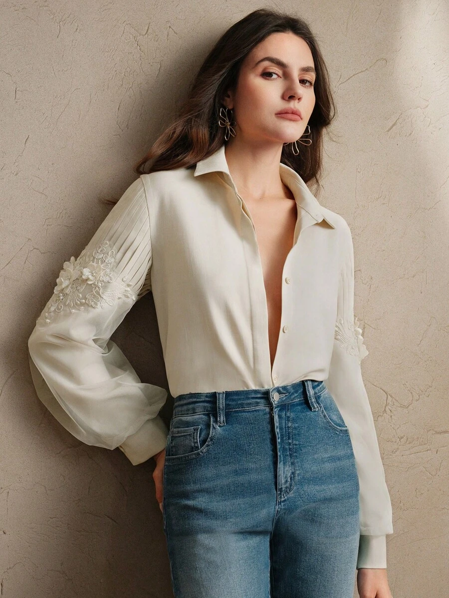 Anewsta 时尚优雅串珠花卉灯笼袖褶皱女式衬衫，非常适合情人节、度假和新年 - 杏色 - 查看 1