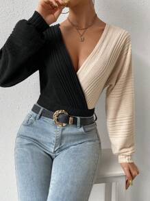 Chiquease Two Tone Surplice Neck Bodysuit Fall Cloth For Women - Black - View 5