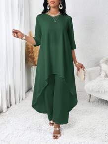 SHEIN Lady Spring And Summer Autumn And Winter Elegant Woven Round Neck Flowy Asymmetrical Midi Three Quarter Length Sleeve Plus Size Top & Pants