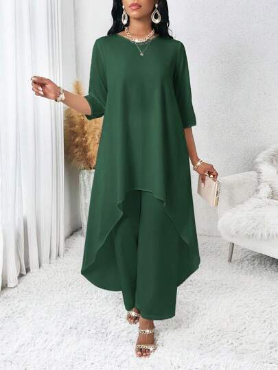 SHEIN Lady 春夏秋冬优雅圆领飘逸不对称七分袖上衣和裤子加大码套装