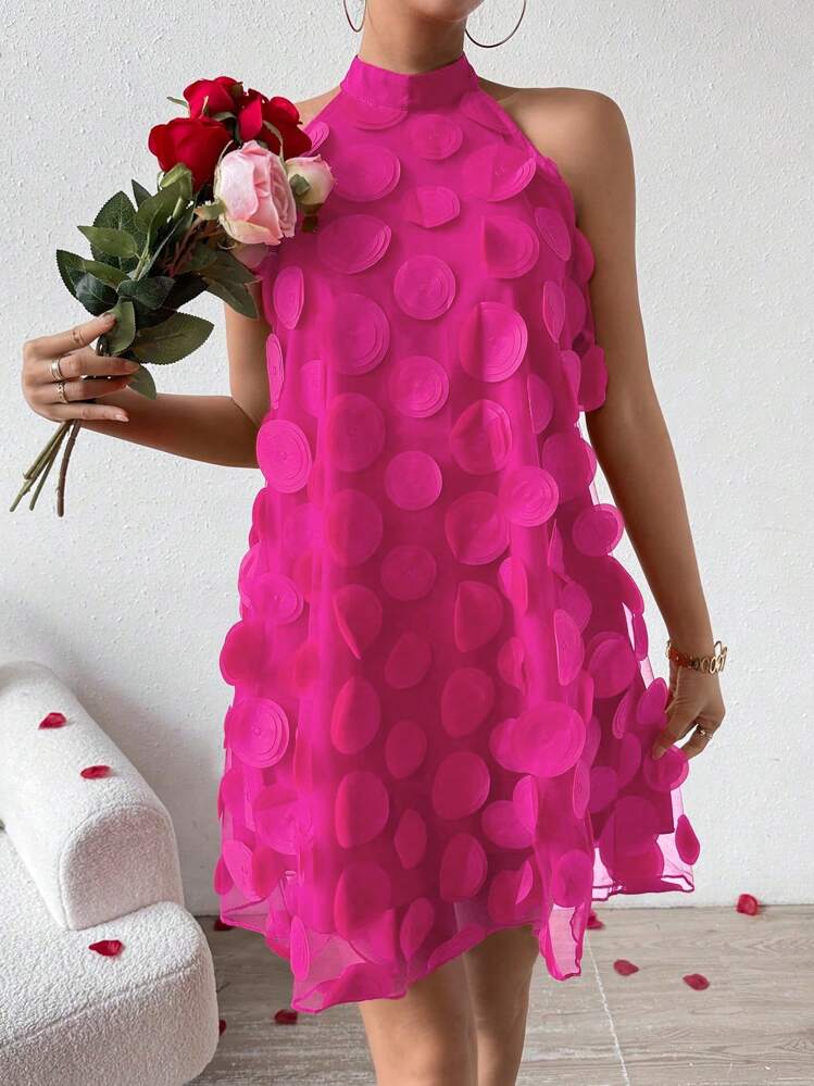 Chiquease 女士立体花朵吊带粉色连衣裙，适合新年、毕业典礼 - 玫紅色 - 查看 4