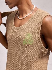 AKNOTIC Business Casual 男士卡其色花卉刺绣提花针织无袖休闲背心，适合春夏季日常穿着和度假 - 卡其色 - 查看 2