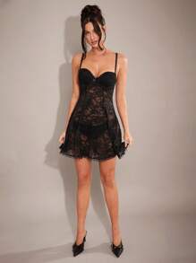 SHEIN BAE Nuisette courte en dentelle sexy pour femme, déshabillé transparent pour la nuit de la Saint-Valentin