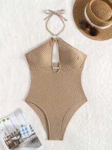 SHEIN Swim Summer Women's Sexy Textured Fabric Lace-Up Halter Hollow One-Piece Swimsuit With Circle Decoration - Khaki - View 4