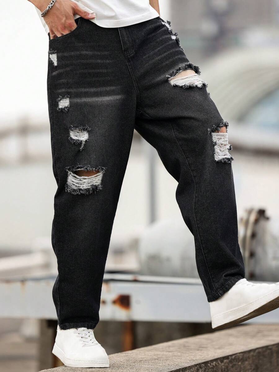 Manfinity Roughcore Loose Fit Men's Ripped Washed Jeans - Dark Grey - View 1