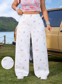 SHEIN VCAY Plus Size Women's Casual Jeans With Simple Printed Pattern, Daily Wear - White - View 4