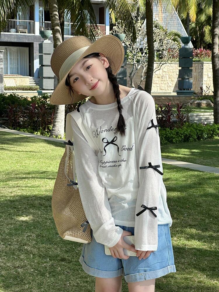 DAZY Tween Girl Slogan Bow Print Top And Camisole 2 Pieces Set,Back To School Clothes - White - View 6