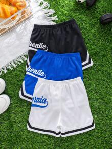 SHEIN 3 件装 男童休闲运动可爱字母印花撞色短裤，夏季 - 彩色 - 查看 2