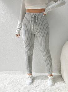 SHEIN Frenchy Pantalón ajustado de talla grande, leggings de punto acanalado de unicolor