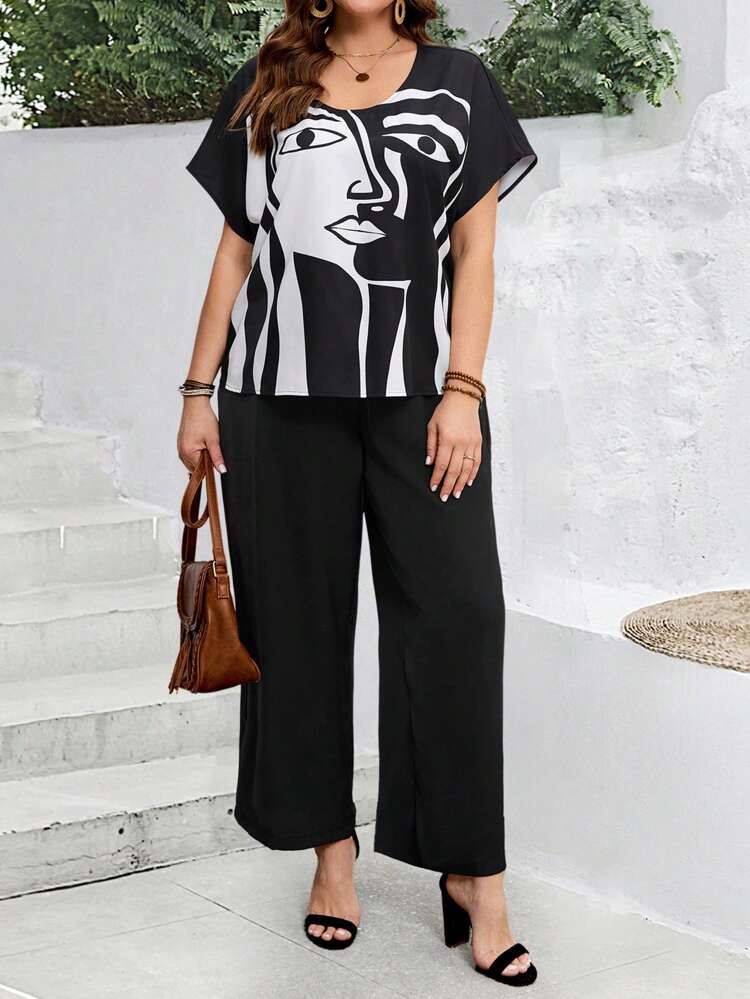 2Pcs Plus Size Casual Minimalist Top & Pants Set, For Everyday Wear Spring Outfits For Women Country